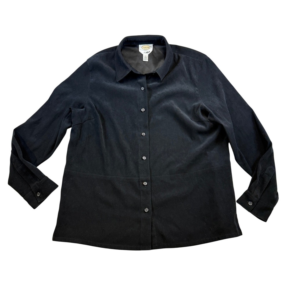 Talbots Stretch Black Faux Suede Button Down Shirt Womens Large Long Sleeve Top